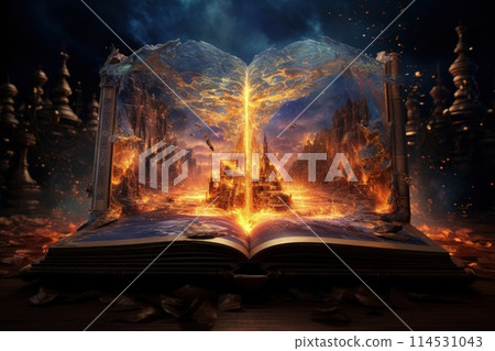 Open magical book that contains fantastic stories, Reading books and literature allows you to plunge into world of imagination, opens boundaries for fantasy, to build your own world. 114531043