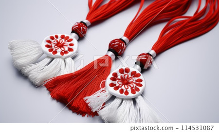 Celebrating spring's cheer: the joyous tradition of happy martisor, a Romanian cultural festivity marked by red and white talismans, symbolizing luck, optimism, and festive merriment on March 1st 114531087