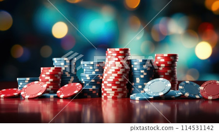 Exciting poker games at an online casino, cards, and chips on the table, gambling experience, winning hands and bets. 114531142
