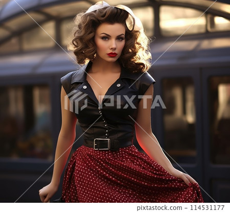 People fashion clothing 1950, 1960 in the style of iconic rock and roll imagery, Times of driving music, trendy hairstyles, stylish clothes, daring deeds, leather jackets and colorful dresses . 114531177