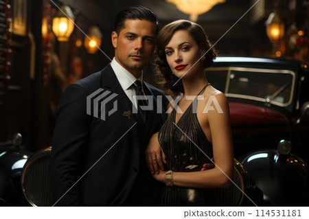 Beautiful flappers dressed in style of Roaring twenties . Vintage, retro party, fashion, girls friends, 1920s 1930s style gentlemen in a luxury, Flapper Chicago gangsters, nightlife elegance. 114531181