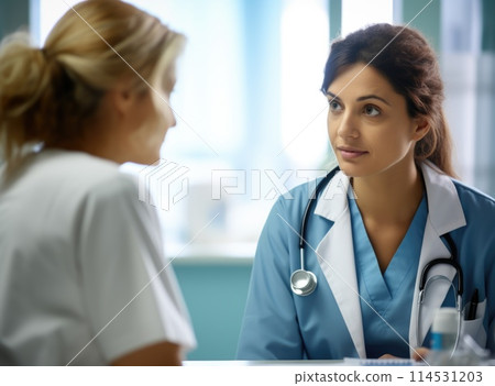 The family physician, the doctor talks to the patient about their illness, symptoms. Clinic, practitioner, medical care, health care, insurance, helping sick people. The family physician, the doctor talks to the patient about their illness, symptoms. Clinic, practitioner, medical care, health care, insurance, helping sick people. 114531203