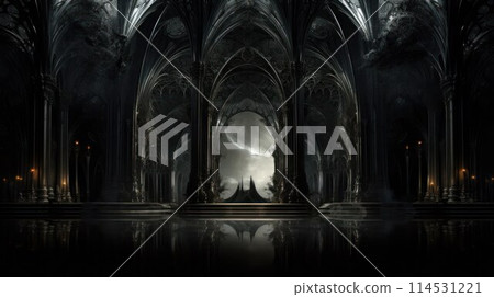 Abstract surreal interior of black gothic castle with with columns, vaults and sharp lines. Abstract surreal interior of black gothic castle with with columns, vaults and sharp lines. 114531221