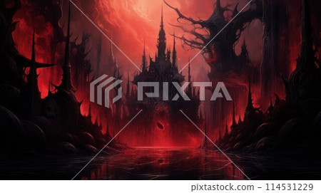 Abstract surreal gothic black and red castle in the underworld. 114531229