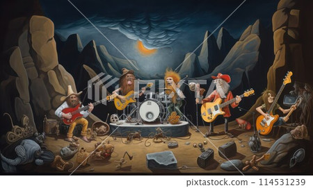 A zombie rock band performs on stage among the rocks in a parallel reality. 114531239