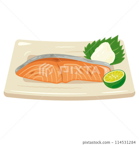 Salt-grilled salmon served on a plate 114531284