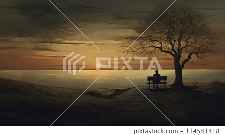 Lonely person sits on a bench under a big bare tree by the lake watching the sunset. Lonely person sits on a bench under a big bare tree by the lake watching the sunset. 114531318