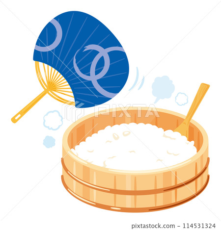 Vinegared rice in a wooden tub and a fan 114531324