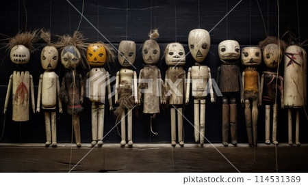 Creepy wooden and bone traditional voodoo dolls stand in a row. Creepy wooden and bone traditional voodoo dolls stand in a row. 114531389