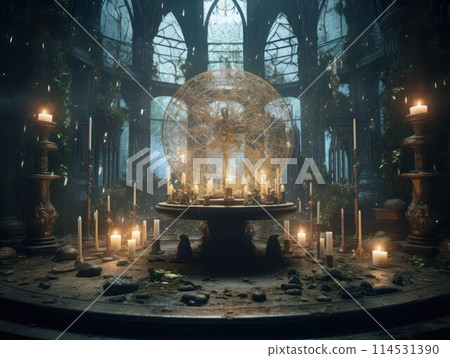 Witchy secret altar in old abandoned castle. Burning candles, magic sphere, alchemical tools, no people. Witchy secret altar in old abandoned castle. Burning candles, magic sphere, alchemical tools, no people. 114531390