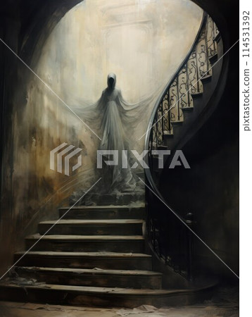 Ghost of a woman in the hood in melting long dress on the stairs in old gothic abandoned castle, vertical image. 114531392