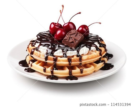 Delicious Viennese waffles topping with ripe cherry and chocolate bars on white plate, isolated on white, close-up. 114531394