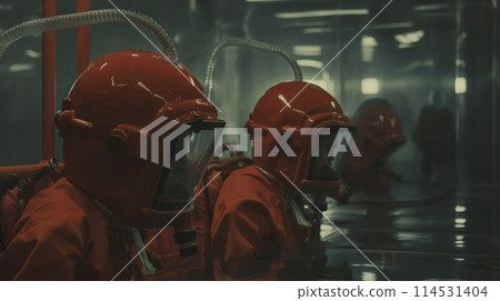Specialists in protective fireproof suits explores the danger zone indoor, close-up. 114531404