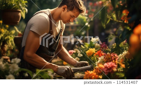 Professional handsome male gardener in an apron working in the garden in the summer, close-up. 114531407