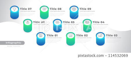 Modern Infographic Design Template with 9 Options or Steps. Can be used for Presentation, Workflow Layout, Diagram, or Annual Report. Timeline Diagram Presentation Design 114532069