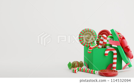 Christmas candy in the present box, 3D render Christmas and New year concept and copy space on white background 114532094