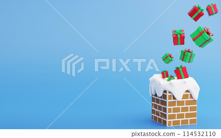 Presents falling down to chimney, 3D render Christmas and New year concept and copy space on blue background Presents falling down to chimney, 3D render Christmas and New year concept and copy space on blue background 114532110
