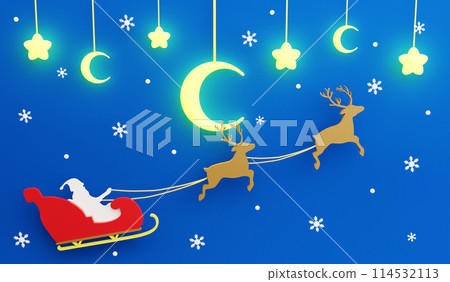 Rain deer and Santa Claus riding on sleigh and snowflake backdrop, 3D render Christmas and New year concept on blue background Rain deer and Santa Claus riding on sleigh and snowflake backdrop, 3D render Christmas and New year concept on blue background 114532113