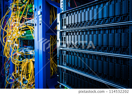 Row of hard disks used for data storage in internet data center 114532202