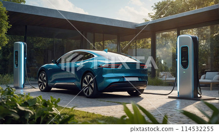 Green car: electric technology for eco-friendly transportation, car plugged into an electrical charger Green car: electric technology for eco-friendly transportation, car plugged into an electrical charger 114532255
