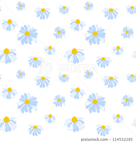 Spring seamless pattern rows of cute meadow daisies white Summer template Blooming wildflower ditsy ornament wrapping fabric wallpaper textile mosaic vector Spring seamless pattern rows of cute meadow daisies white Summer template Blooming wildflower ditsy ornament wrapping fabric wallpaper textile mosaic vector 114532285