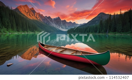 The canoe positioned at the heart of a pristine, rippling emerald lake, their reflection merging harmoniously with a backdrop of crimson sky and surrounding natural elements. The canoe positioned at the heart of a pristine, rippling emerald lake, their reflection merging harmoniously with a backdrop of crimson sky and surrounding natural elements. 114532407