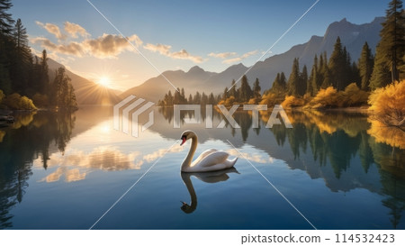 The swan at the heart of a pristine, rippling azure lake, their reflection merging harmoniously with a backdrop of golden sky and surrounding natural elements 114532423