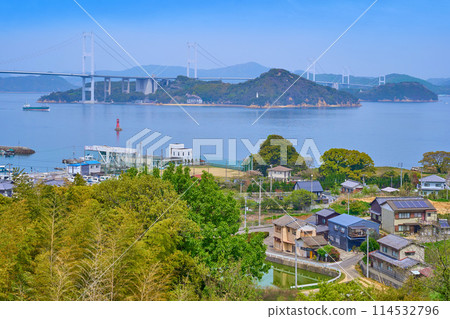 From the Kurushima Kaikyo Service Area in Imabari City, Ehime Prefecture, heading towards the Kurushima Kaikyo Bridge and Umajima From the Kurushima Kaikyo Service Area in Imabari City, Ehime Prefecture, heading towards the Kurushima Kaikyo Bridge and Umajima 114532796