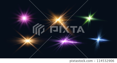 Collection of Colorful Transparent Lens Flare Effects. Glowing Light Effect 114532906