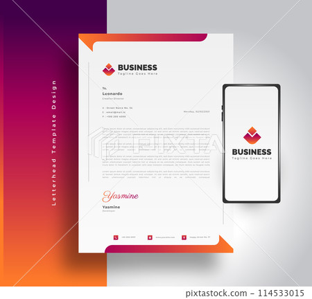 Modern Business Letterhead Template Design in Colorful Futuristic Concept With Smartphone on Side Modern Business Letterhead Template Design in Colorful Futuristic Concept With Smartphone on Side 114533015