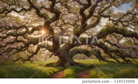 Gnarled oak tree bedecked with fragrant blossoms in sunset 114533099