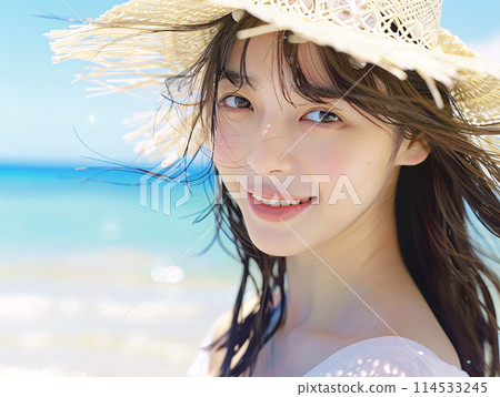 戴著草帽的亞洲女子在海邊 114533245
