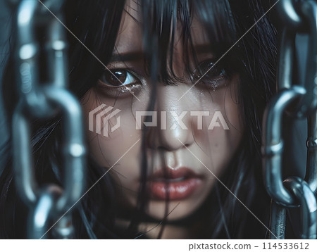Asian woman with emotions trapped by chains 114533612