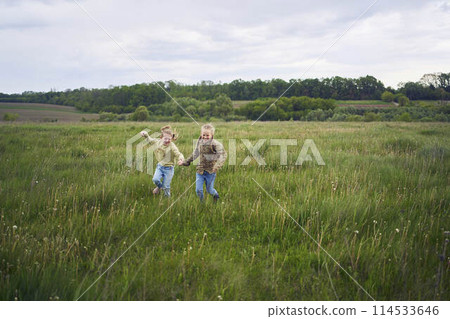 beautiful blonde sisters play with a dandelion in the field 114533646