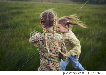 beautiful blonde sisters play with a dandelion in the field 114533648