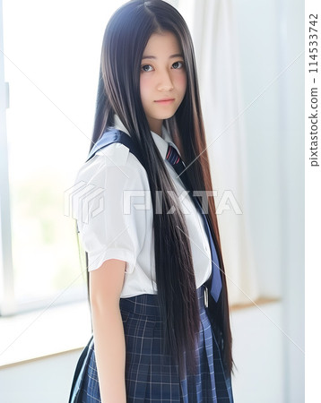 A Japanese female student with neat long hair and a uniform A Japanese female student with neat long hair and a uniform 114533742