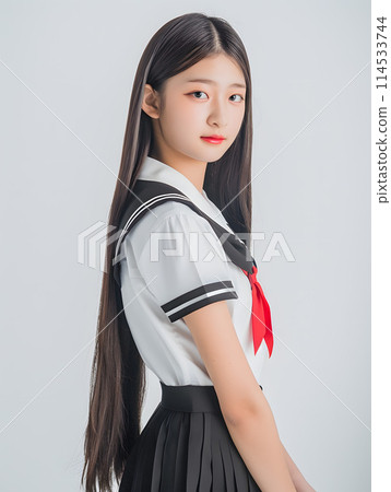 A Japanese female student with neat long hair and a uniform A Japanese female student with neat long hair and a uniform 114533744