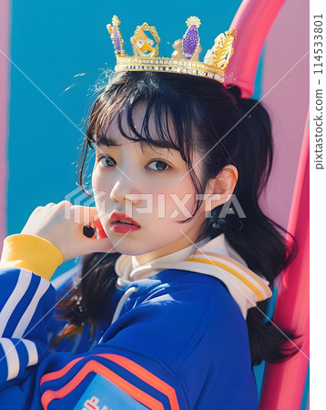 戴著玩具皇冠和運動夾克的女人 114533801