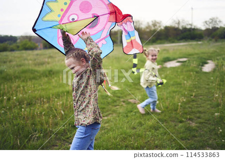 two little sisters and mother run and launch a kite in a field 114533863
