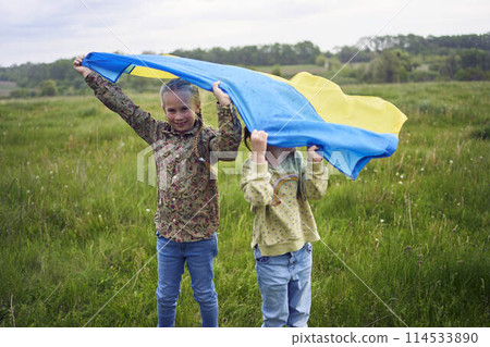 two little girls in the field under the Ukrainian flag in rain two little girls in the field under the Ukrainian flag in rain 114533890