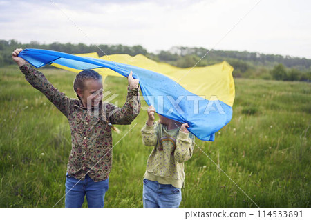 two little girls in the field under the Ukrainian flag in rain two little girls in the field under the Ukrainian flag in rain 114533891