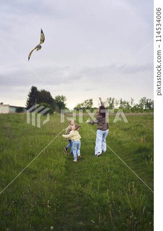 two little sisters and mother run and launch a kite in a field two little sisters and mother run and launch a kite in a field 114534006