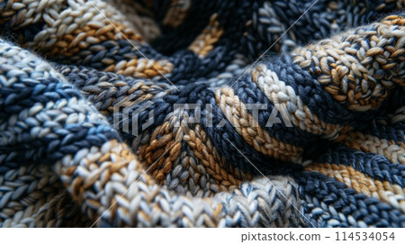 Texture of Cozy Blue and Beige Knitted Scarf Texture of Cozy Blue and Beige Knitted Scarf 114534054