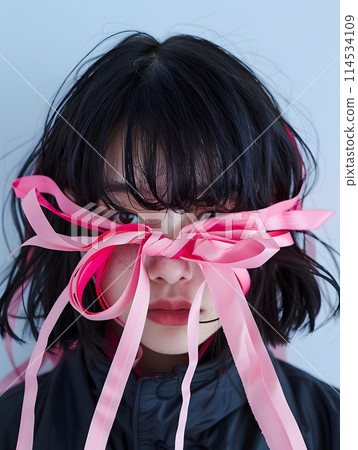 戴著粉紅絲帶的亞洲女人 114534109