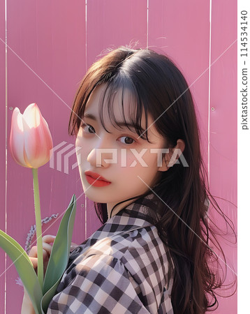 Heralding spring with tulips - A portrait of an Asian woman in elegant colors 114534140