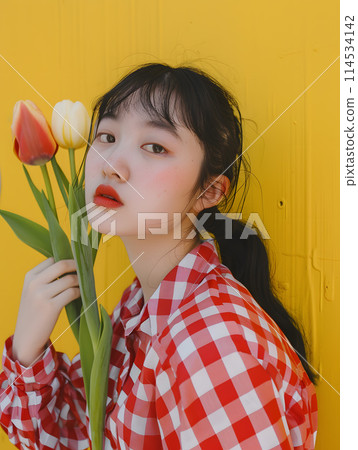 鬱金香預示春天—色彩優雅的亞洲女性肖像 鬱金香預示春天—色彩優雅的亞洲女性肖像 114534142