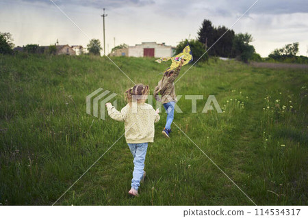 two little sisters repair and fly a kite in a field 114534317