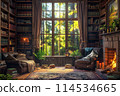 A cozy reading nook with a large window. 114534665