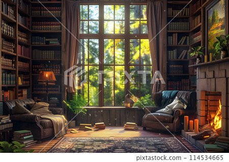 A cozy reading nook with a large window. 114534665