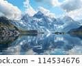 The landscape of the river on the background of the mountains. 114534676